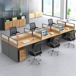 Collaborative 6-user workstation with shared desks and ample space for team interactions