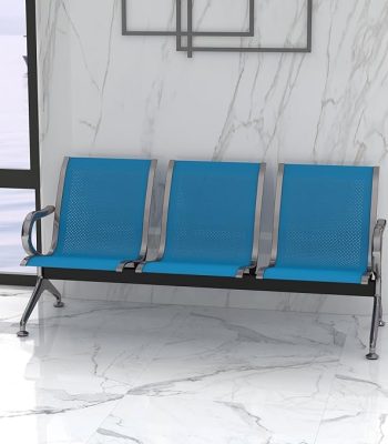 Blue 3-Link Reception Bench with contemporary design and cushioned seating in a modern office lobby.