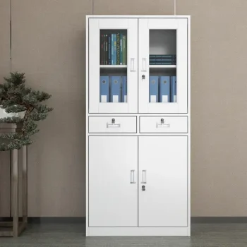 Metallic double-door office cabinet with adjustable shelves and secure locking mechanism for organized storage.