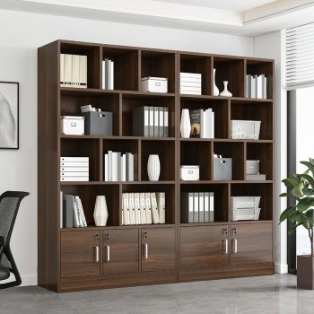 A premium office bookcase featuring multiple shelves for storage, crafted from high-quality materials with a sleek, modern design for any workspace.