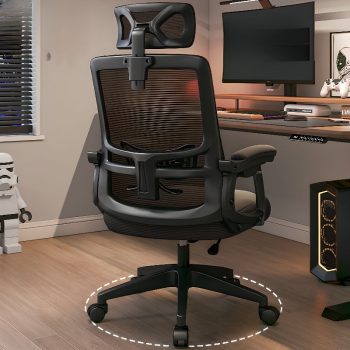 A mesh-back desk chair with an adjustable headrest, designed for ergonomic comfort and support during long hours of work or study.