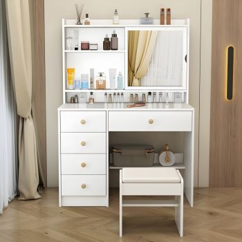 Modern cosmetic table with sleek design, ample storage, and smooth surface for organizing beauty products and accessories.