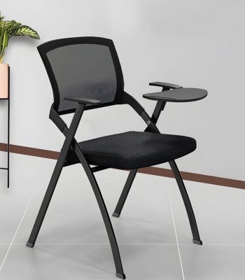 A fold-up training chair with a writing pad, designed for easy storage and comfortable seating, perfect for training rooms or seminars.