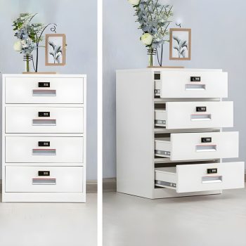 A 4-drawer document storage unit in an office setting, perfect for organizing paperwork and files.