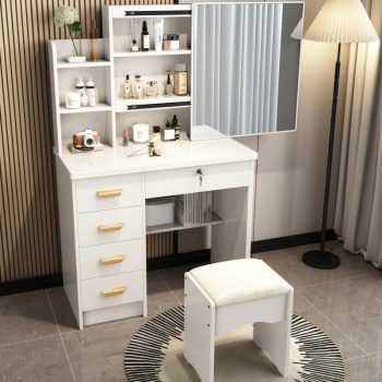 A modern wood vanity set with a mirror, featuring a sleek design and ample storage space for makeup and beauty essentials.