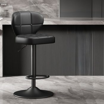Bistro-style square barstool in black leather with a sleek design, ideal for cafes, bars, or kitchen counters.