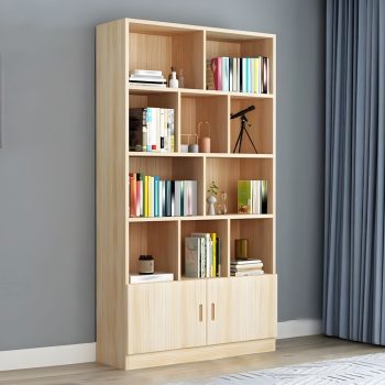 A wooden bookcase with a lower cabinet, featuring spacious shelves and a stylish cabinet for storage, perfect for organizing books and decor.