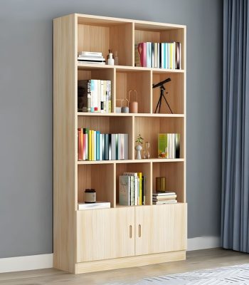 A wooden bookcase with a lower cabinet, featuring spacious shelves and a stylish cabinet for storage, perfect for organizing books and decor.