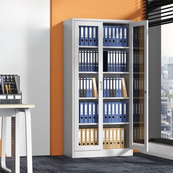Office storage cabinet with glass doors, offering sleek storage and easy visibility for documents and office supplies.