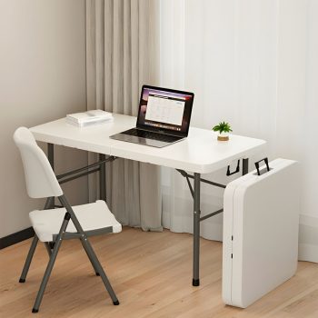 A white patio stacking chair placed on a patio, showcasing a modern and sleek design, perfect for outdoor seating.