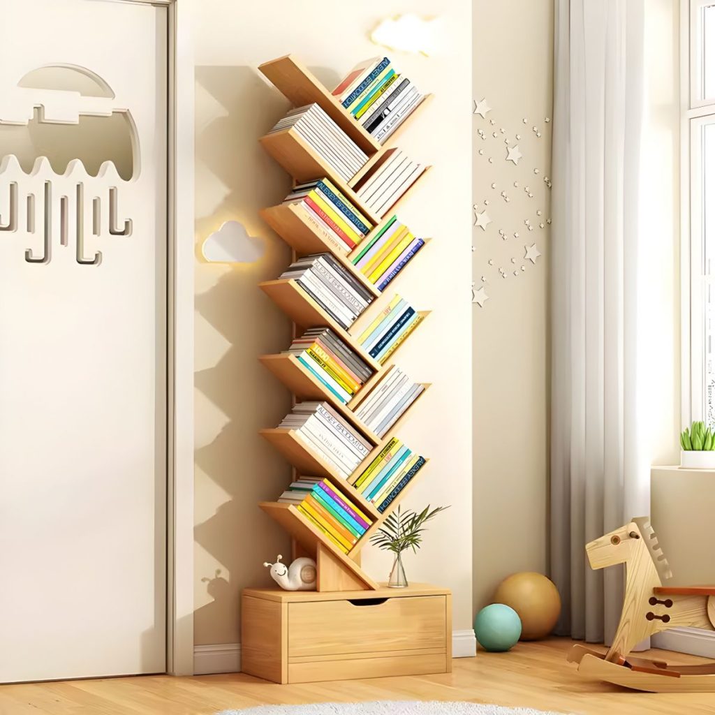 Sleek modern wooden organizer with multiple compartments for storage and display.