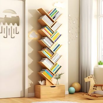 Sleek modern wooden organizer with multiple compartments for storage and display.
