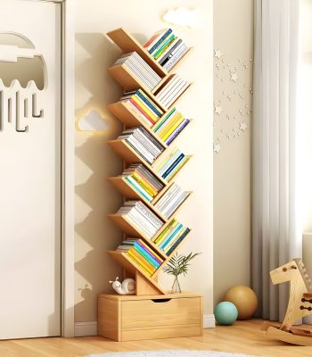 A stylish bookshelf with multiple shelves, perfect for organizing books, décor, and office essentials in any living room or office.