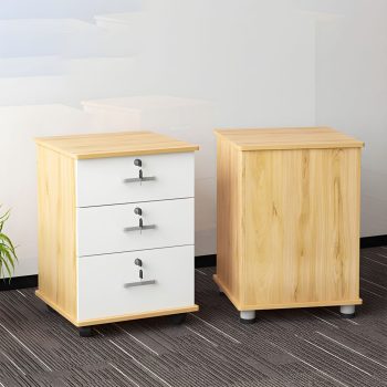 Wooden storage pedestal with wheels for easy mobility and convenient organization.