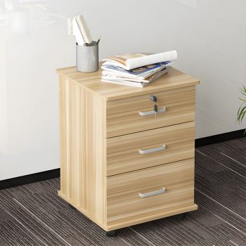 Portable wooden desk pedestal with wheels and drawers for office storage