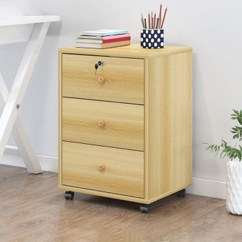 Mobile wooden office pedestal with drawers for storage and easy mobility.