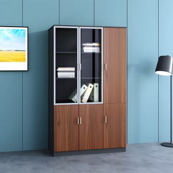 Wooden office storage cabinet with glass doors for organized, stylish office storage.