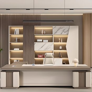 A sleek and modern 1600mm office executive table with a wood finish, featuring a spacious work surface, built-in drawers, and a minimalist design.