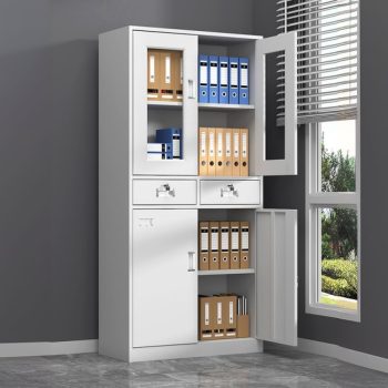 A sleek glass-fronted office storage cabinet with adjustable shelves for organizing documents and supplies.