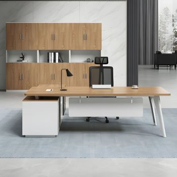 Executive office table with built-in storage drawers and a sleek, modern design.