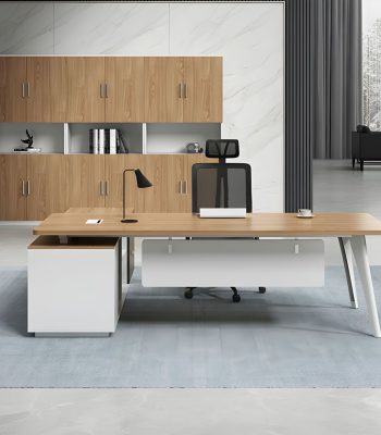 Executive office table with built-in storage drawers and a sleek, modern design.