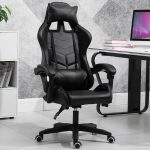A sleek black leather gaming chair with adjustable features.