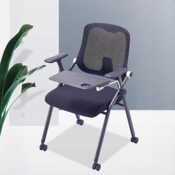 A portable training chair with a folding design, offering comfort and mobility for temporary seating arrangements in training or seminar settings.