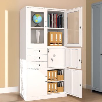 A durable lockable 2-door metal cabinet with an integrated safe, providing secure storage for files and valuables in professional environments.