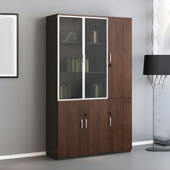 Wooden 3-door cabinet with shelves, offering ample storage for office or home use. Features a stylish design with spacious compartments.