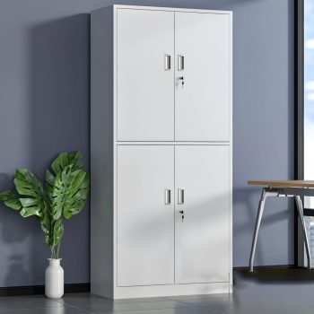Metal double-door organizer cabinet with adjustable shelves for efficient storage in home or office spaces. Durable and sleek design.