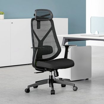 A headrest mesh-back chair with ergonomic support, adjustable features, and breathable material designed for comfort during long working hours.