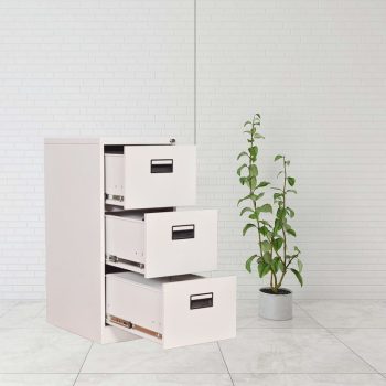 A steel storage cabinet with three drawers, offering secure and organized storage for office supplies, files, or personal items.