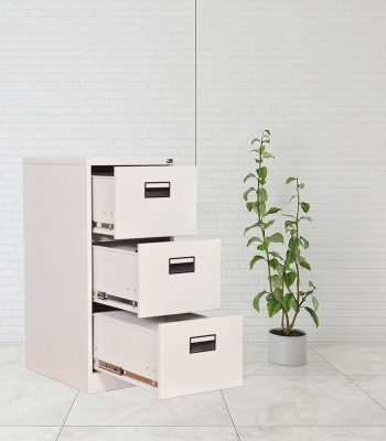 A steel storage cabinet with three drawers, offering secure and organized storage for office supplies, files, or personal items.