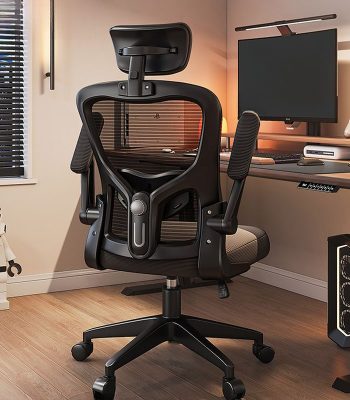 A mesh task chair with adjustable headrest, designed for comfort and ergonomic support during long hours of work.