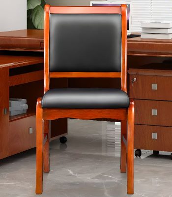 A sleek, wooden office guest chair with a comfortable seat and backrest, designed for corporate or professional settings.