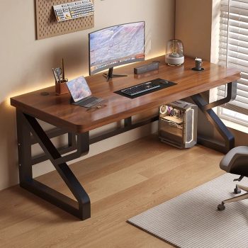 A contemporary desk made from engineered wood, featuring clean lines and a modern design, perfect for home offices or workspaces.