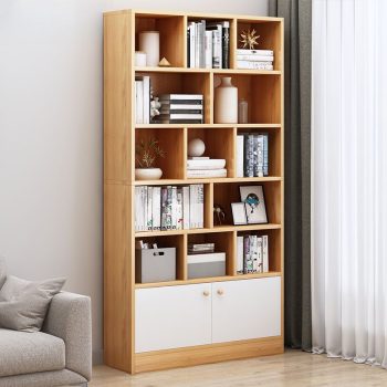A stylish personal library bookcase with multiple shelves, designed for storing and displaying books and decorative items in a home setting.