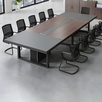 A corporate board table for 10 with a sleek wooden surface and sturdy legs, designed for professional meetings and discussions.