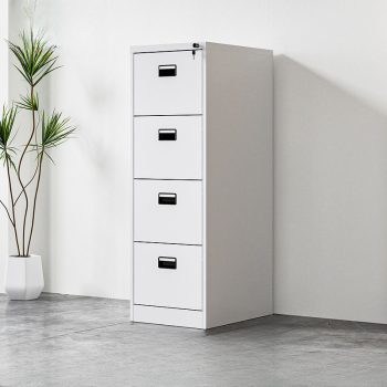A 4-drawer steel office cabinet with secure lockable drawers, designed for storing files, documents, and office supplies.