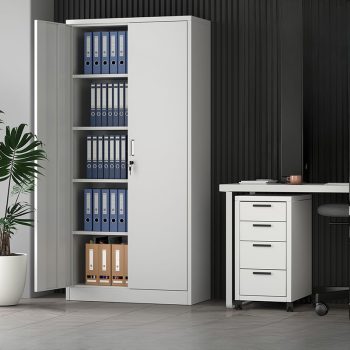 A metal cabinet with 2 doors, offering secure and organized storage for office supplies, files, and other essentials.