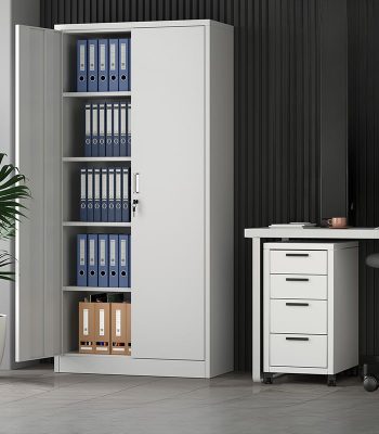 A metal cabinet with 2 doors, offering secure and organized storage for office supplies, files, and other essentials.