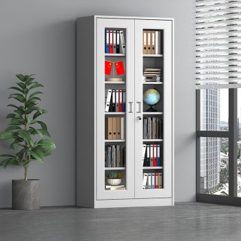 Glass-fronted office storage unit with two doors, offering stylish organization and easy access to stored items in a professional setting.