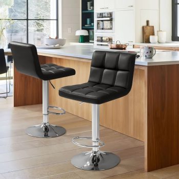 A height-adjustable leather counter stool with a sleek design, featuring a cushioned seat and metal base for comfort and durability.