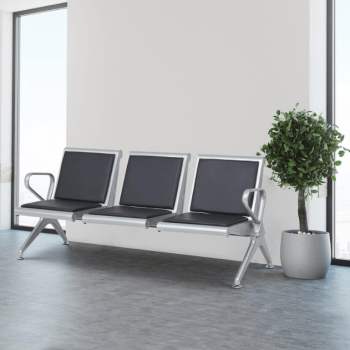 Cushioned waiting bench with three seats, offering comfort and support for waiting areas, offices, or reception spaces.