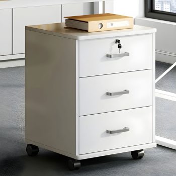 A sleek, modern white desk pedestal with three drawers, ideal for organizing office supplies or personal items.