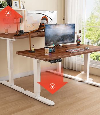 A motorized height-adjustable desk with a sleek, modern design, allowing easy height adjustments for a comfortable working position.