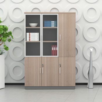 Wooden office console cabinet with sleek design, offering storage space for files and office supplies in a professional workspace.