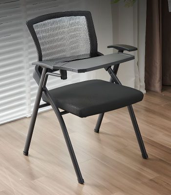 Conference chair with writing pad attached, designed for comfort and functionality in meetings and conferences.