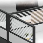 A modern office workstation setup featuring four desks, each equipped with a computer, ergonomic chair, and storage. The space is bright, minimalistic, and designed for productivity.
