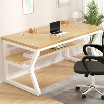 Wooden computer desk for home office, featuring a sleek design and ample workspace for productivity.